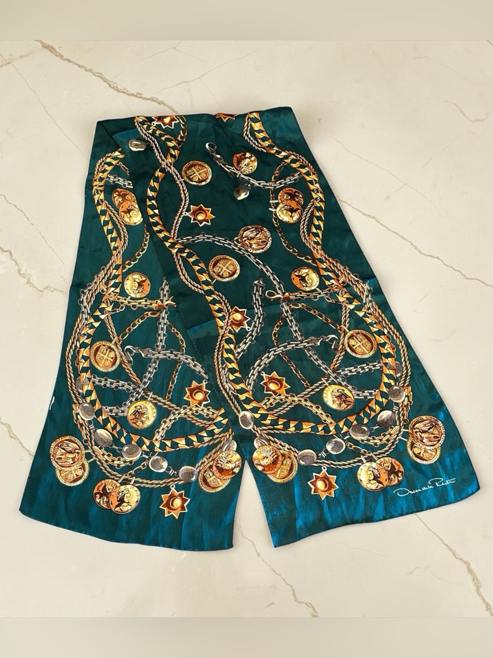 Vintage Oscar de la Renta Signed Silk Teal Scarf with Chain & Medallion print.